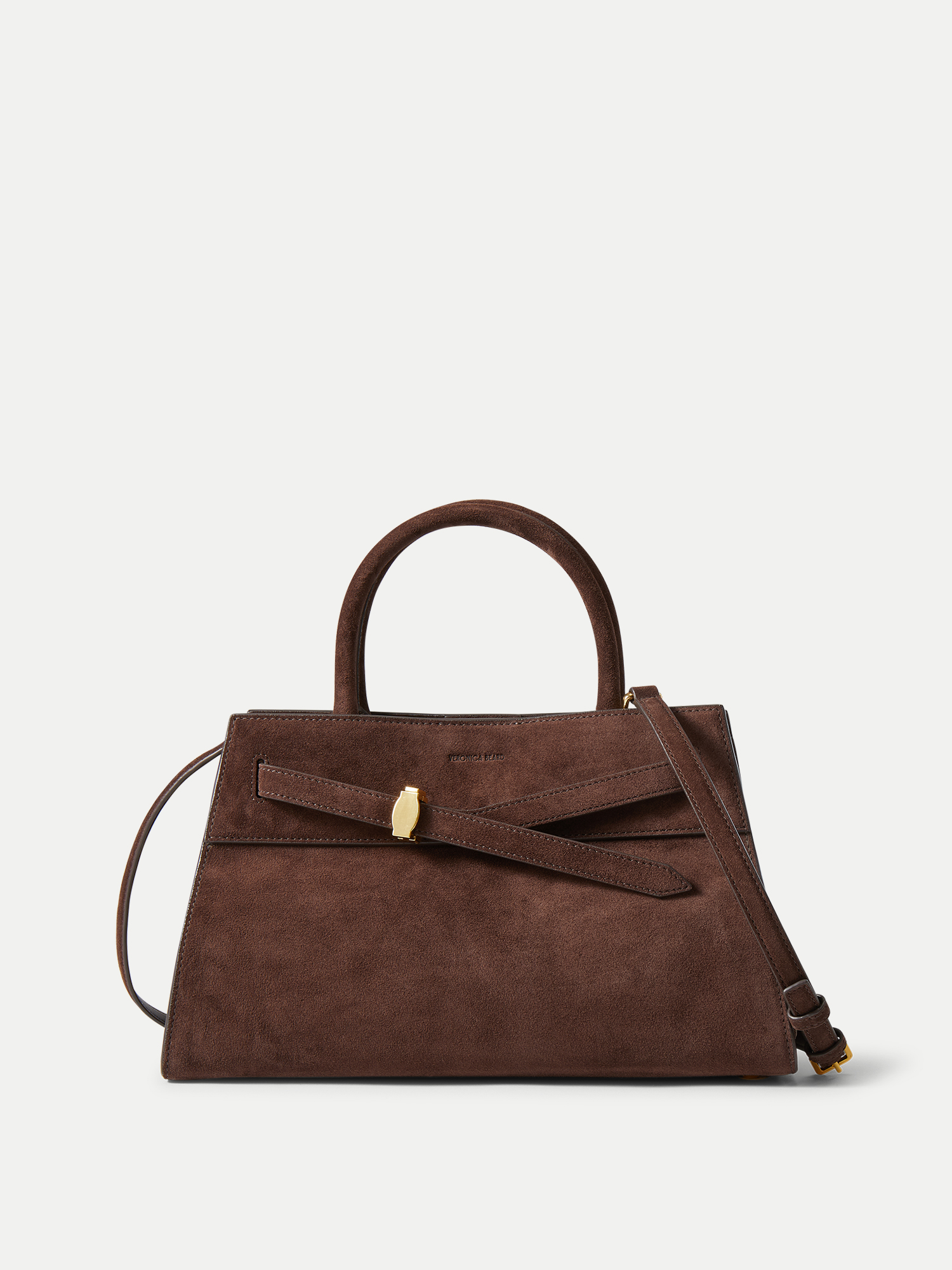 Veronica Beard Brown suede handbag with gold clasp.