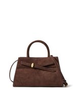 Veronica Beard Brown suede handbag with gold hardware and top handle.