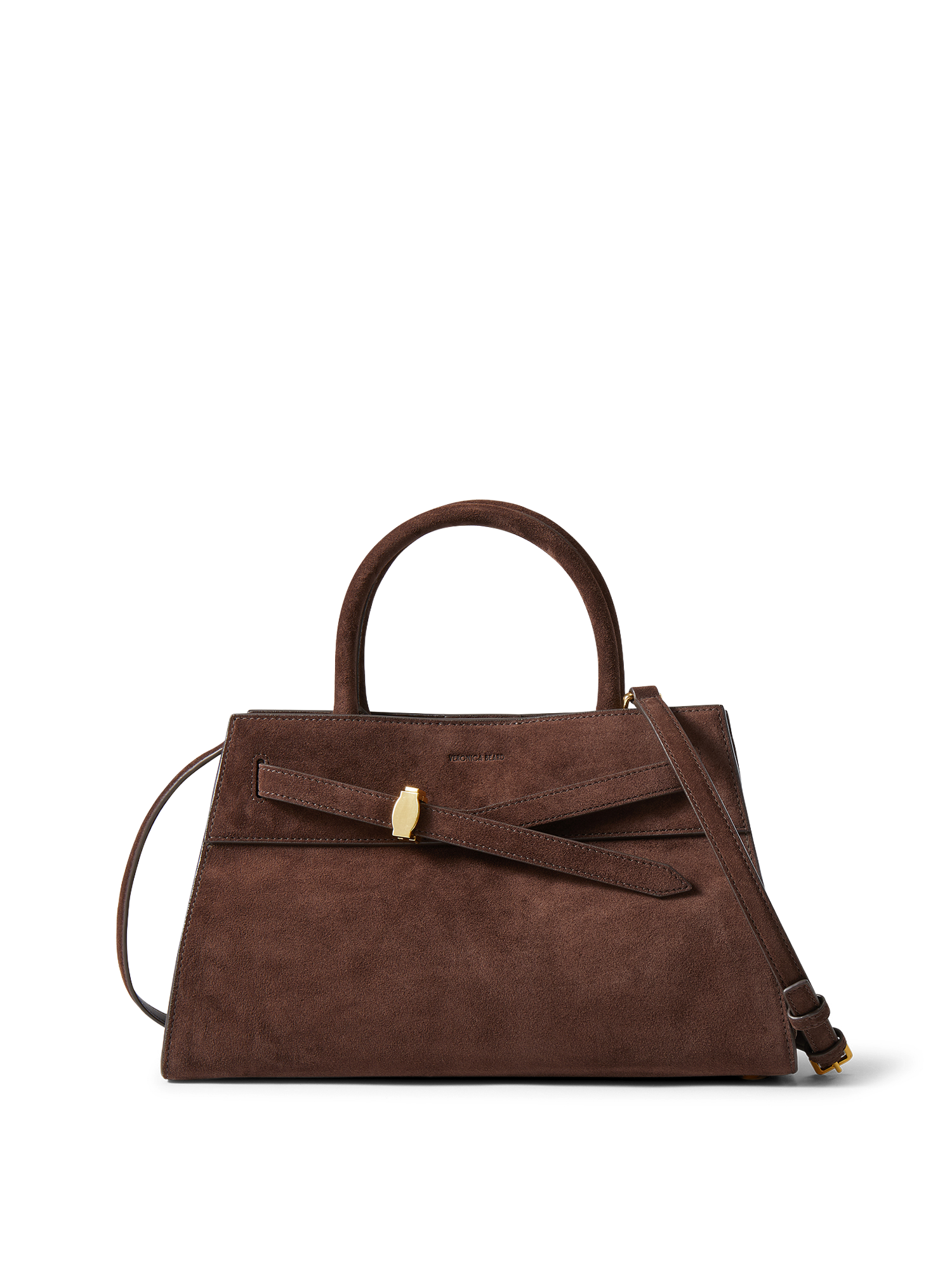 Veronica Beard Brown suede handbag with gold hardware and top handle.