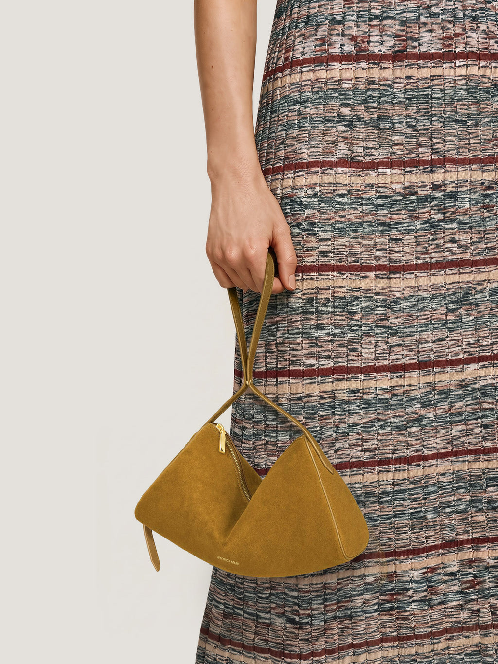 Veronica Beard Brown suede triangular handbag with gold zipper
