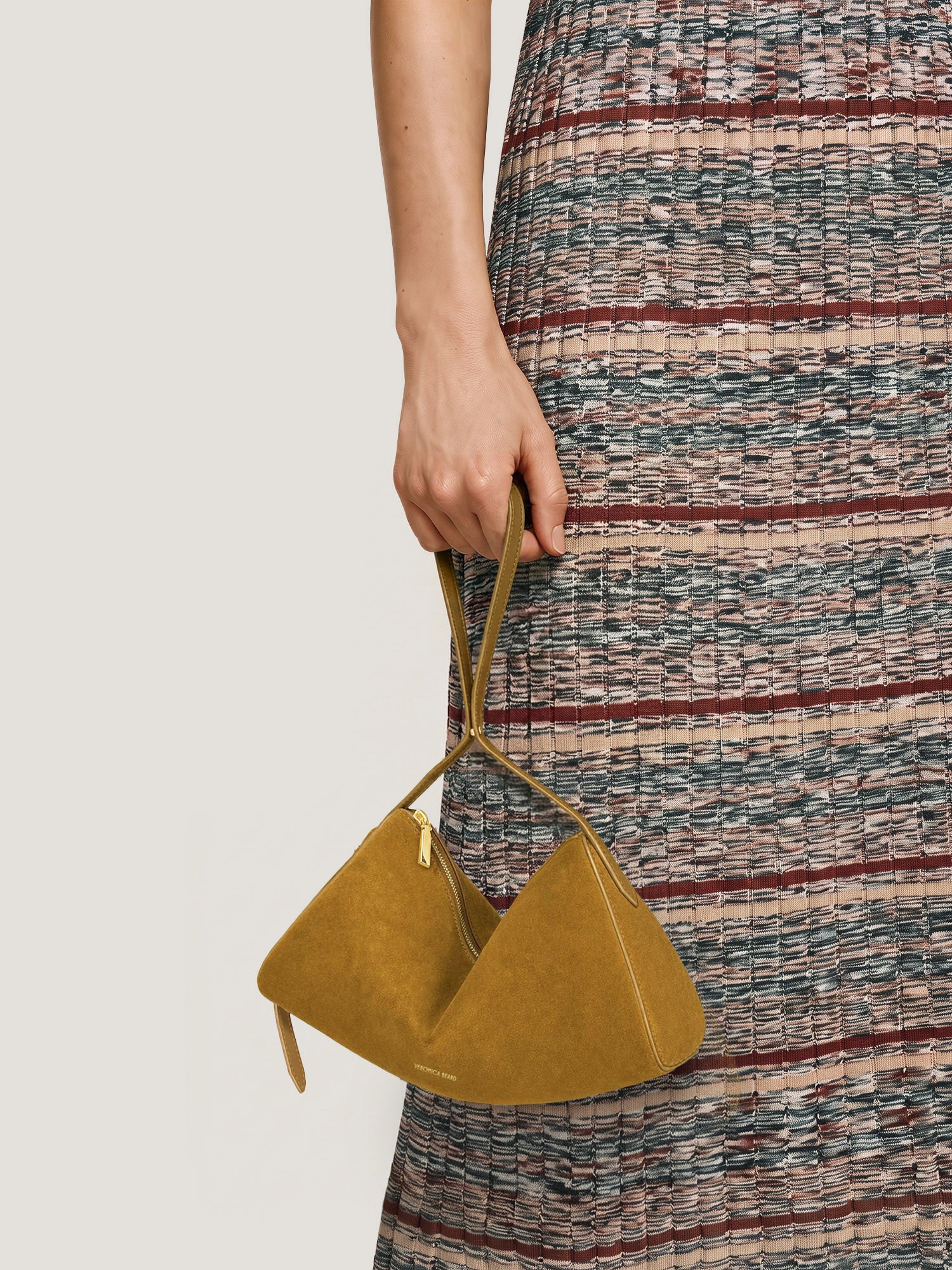 Veronica Beard Brown suede triangular handbag with gold zipper
