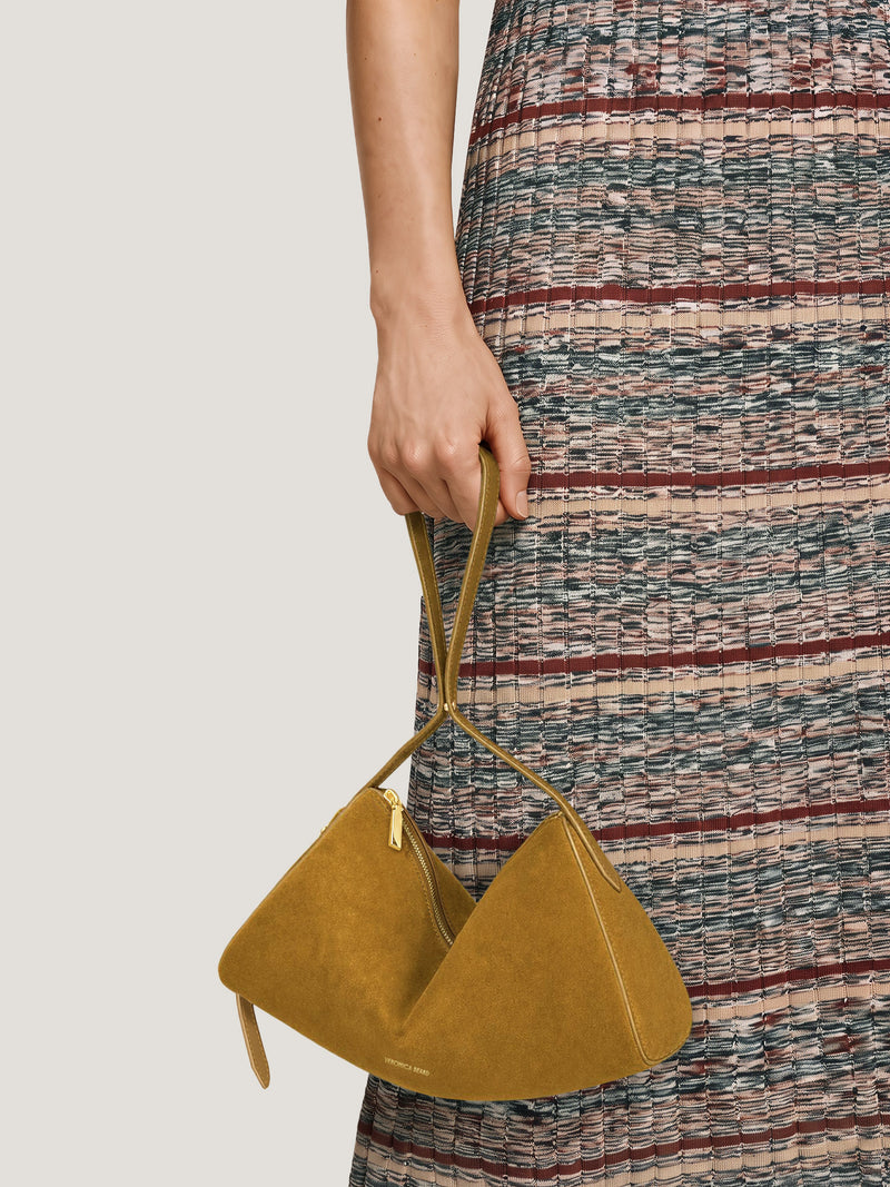 Veronica Beard Brown suede triangular handbag with gold zipper
