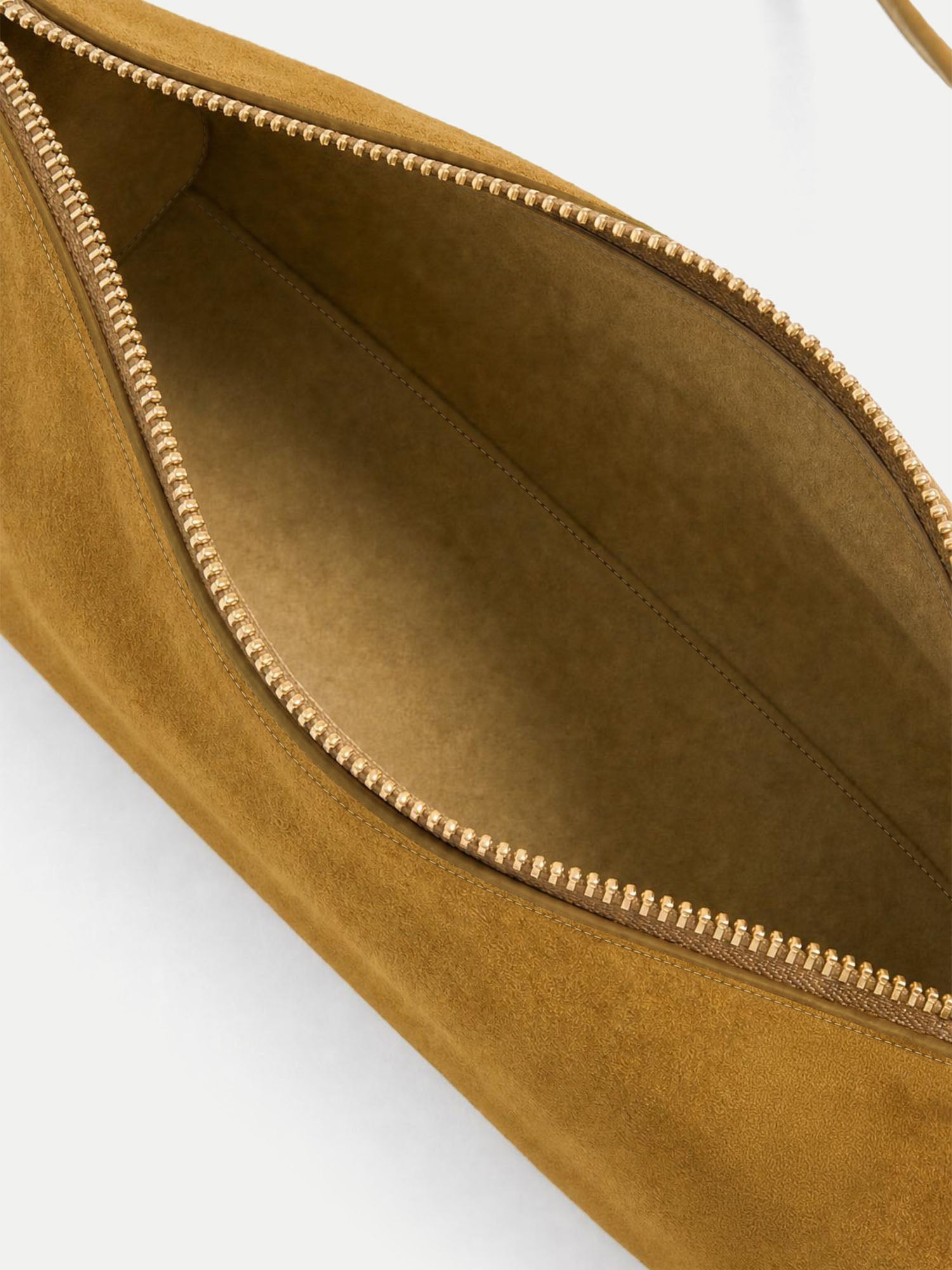 Veronica Beard Brown suede shoulder bag with gold zipper.