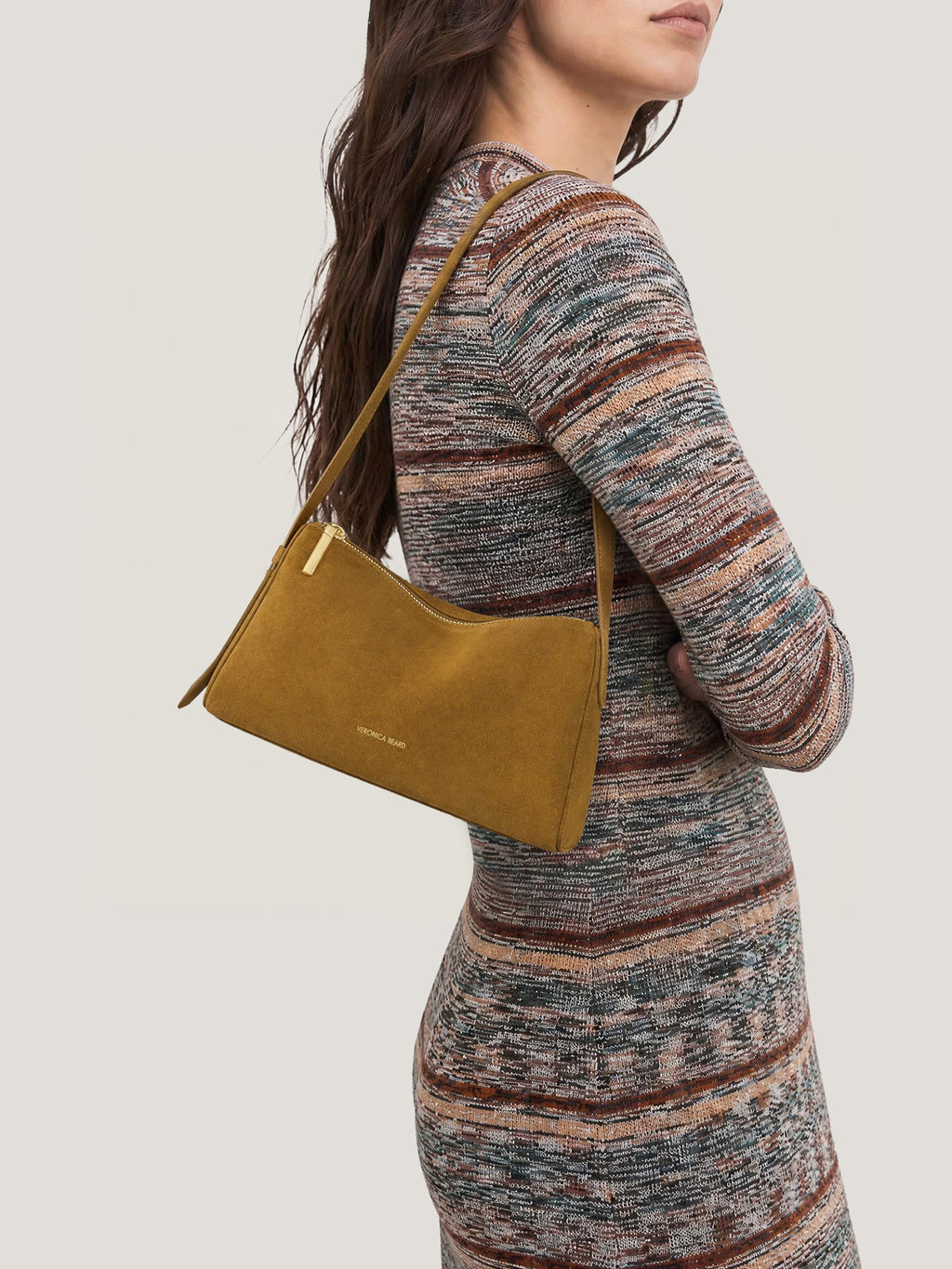 Veronica Beard Brown suede shoulder bag with gold zipper.
