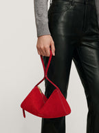 Veronica Beard Red suede structured handbag with gold zipper.