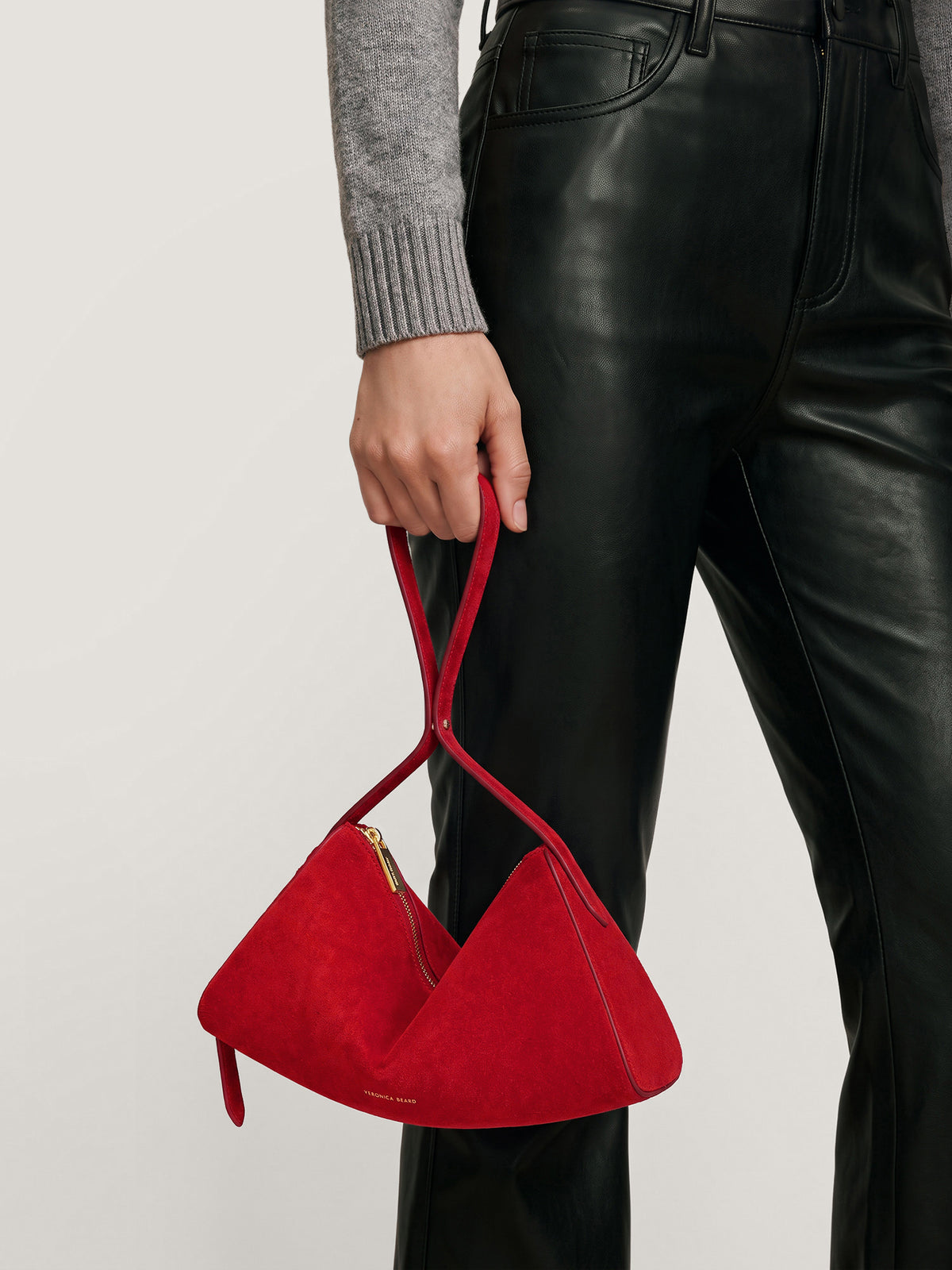 Veronica Beard Red suede structured handbag with gold zipper.