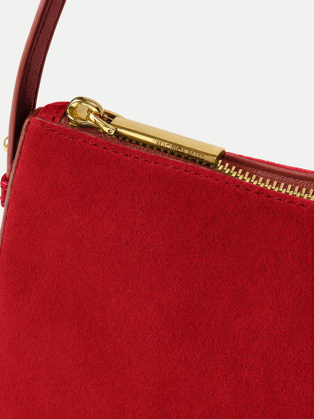 Veronica Beard Red suede shoulder bag with gold zipper.