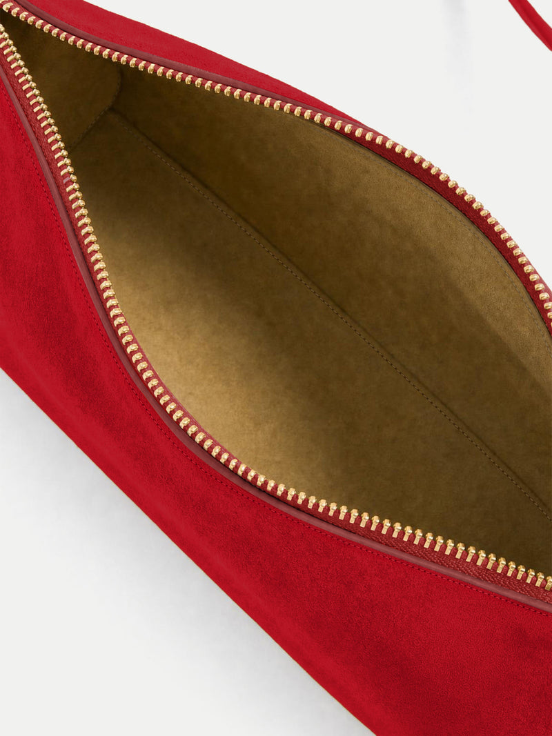 Veronica Beard Red suede handbag with gold zipper open.