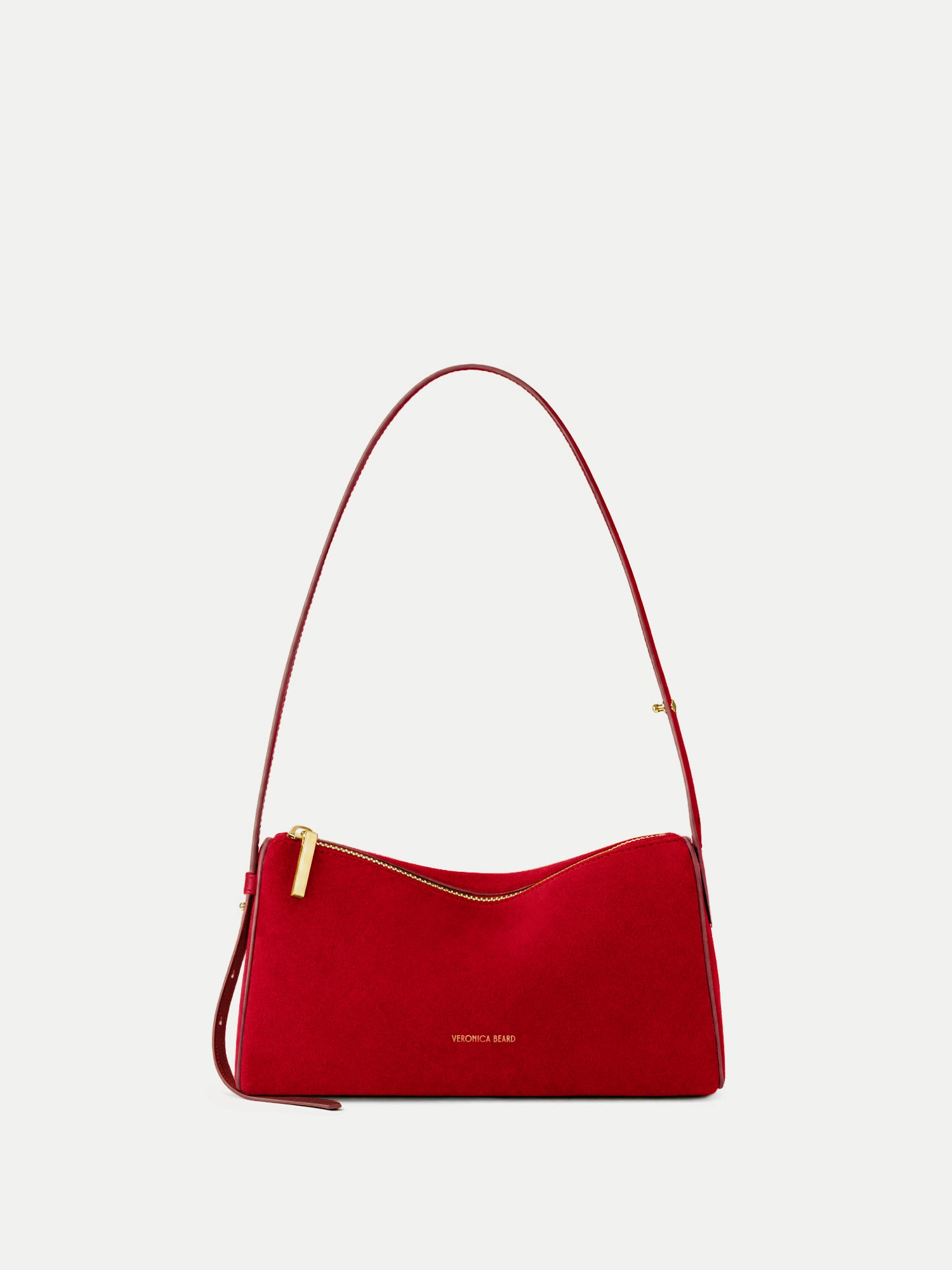 Veronica Beard Red suede shoulder bag with gold hardware.