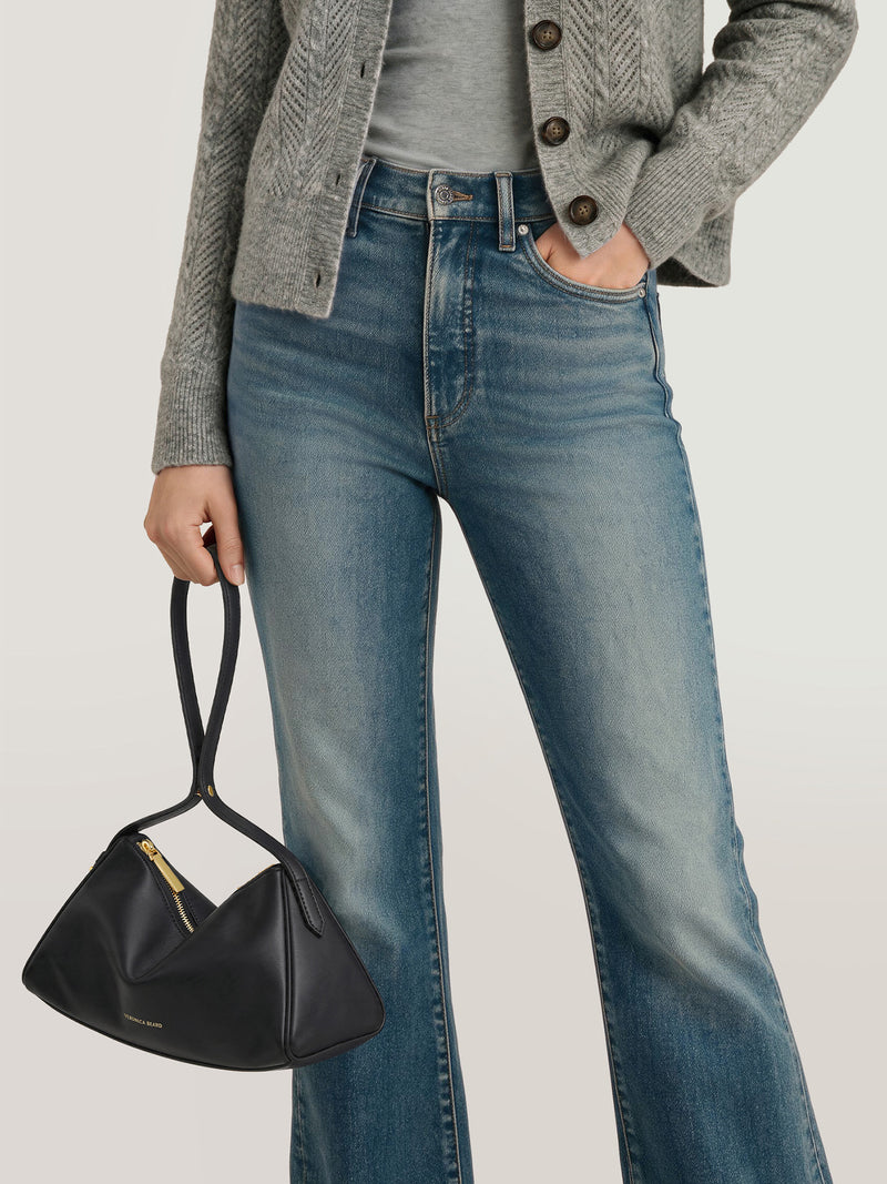 Veronica Beard Gray cardigan, blue jeans, black handbag
