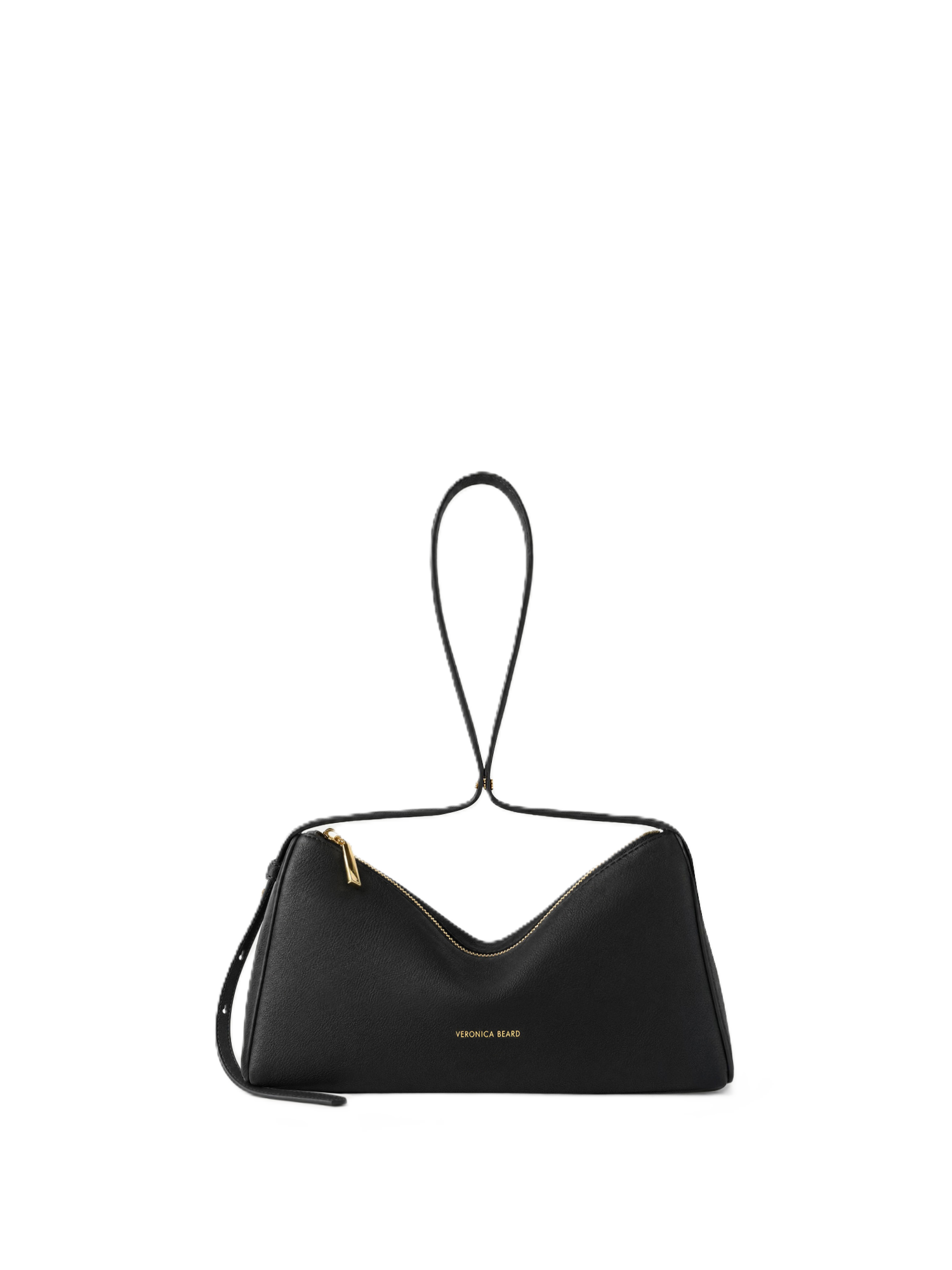 Veronica Beard Black leather shoulder bag with gold zipper.