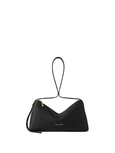 Veronica Beard Black leather shoulder bag with gold zipper.