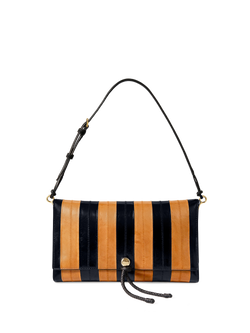 Veronica Beard Black and orange striped leather shoulder bag.