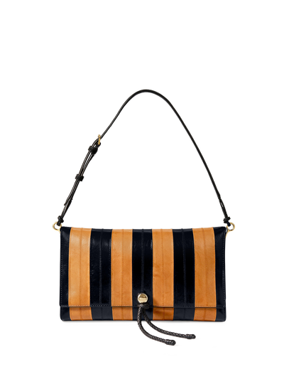 Veronica Beard Black and orange striped leather shoulder bag.