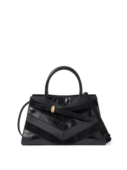Veronica Beard Black leather and suede chevron handbag with gold hardware.