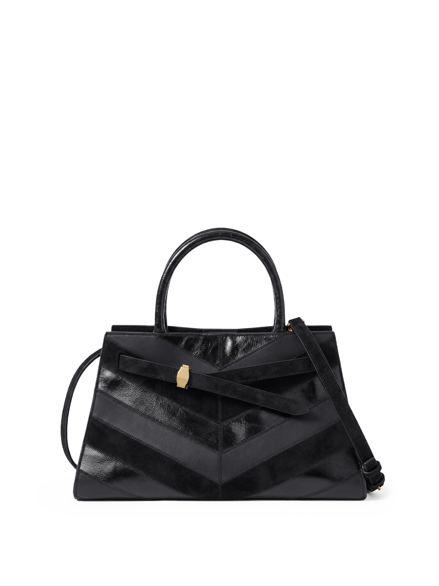 Veronica Beard Black leather and suede chevron handbag with gold hardware.