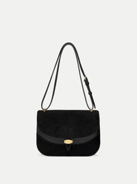 Veronica Beard Black suede shoulder bag with gold hardware.