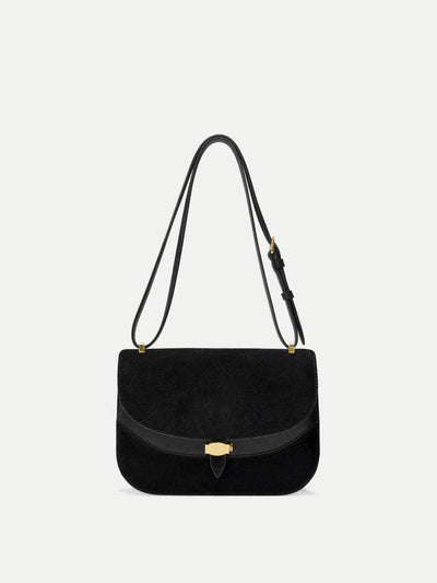 Veronica Beard Black suede shoulder bag with gold hardware.