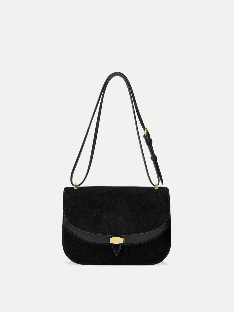 Veronica Beard Black suede shoulder bag with gold hardware.