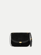 Veronica Beard Black suede and leather crossbody bag with gold hardware.