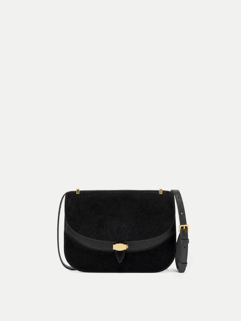 Veronica Beard Black suede and leather crossbody bag with gold hardware.