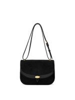 Veronica Beard Black suede shoulder bag with gold hardware.