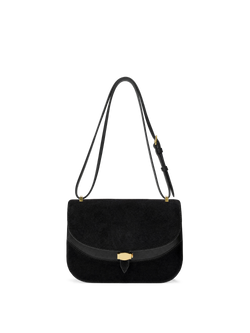 Veronica Beard Black suede shoulder bag with gold hardware.