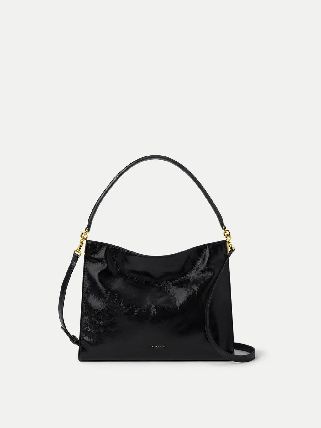 Veronica Beard Black patent leather shoulder bag with gold hardware.