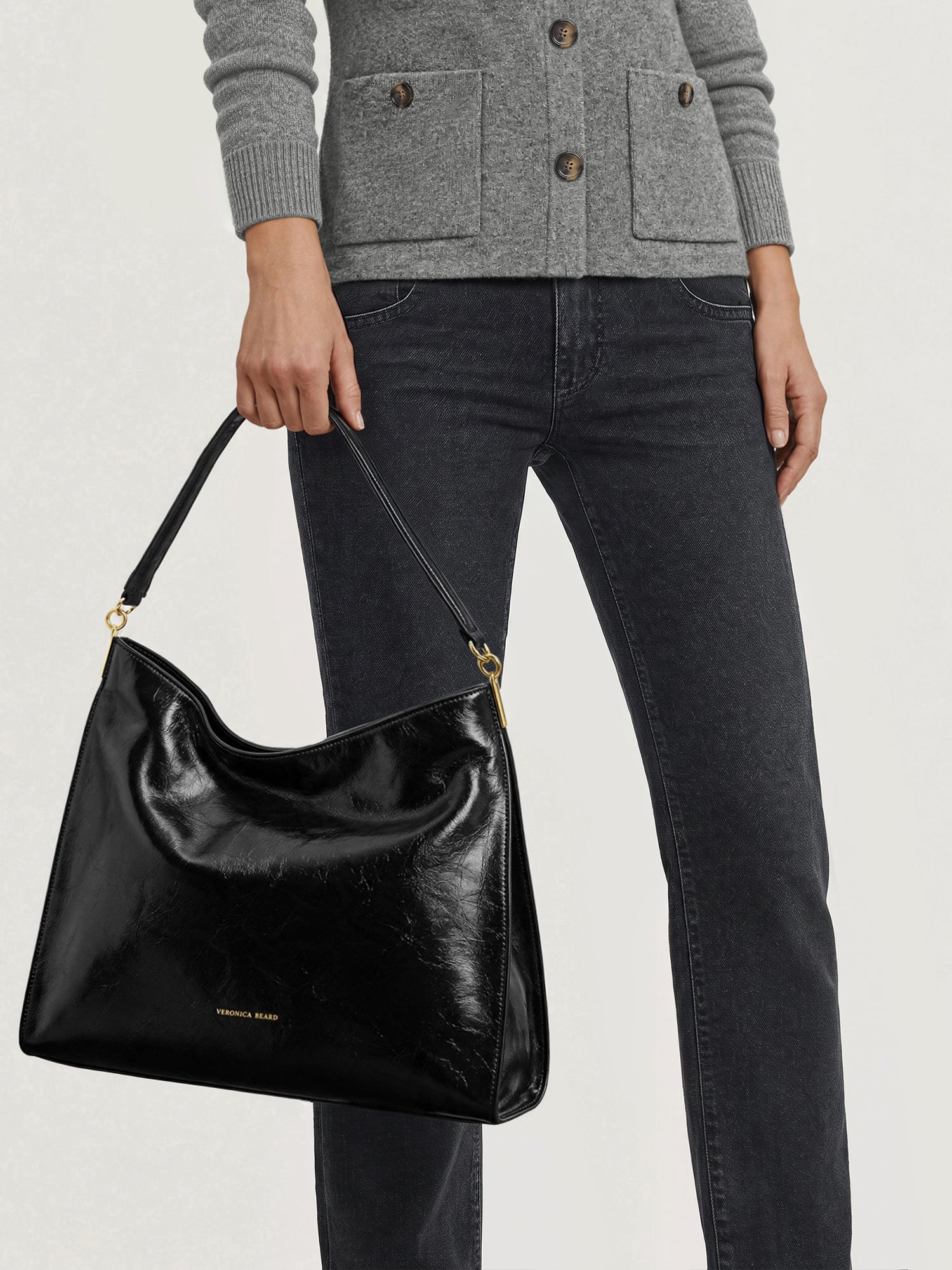Vida Slouchy Shoulder Bag in Black Crinkle Leather Shoulder Bag
