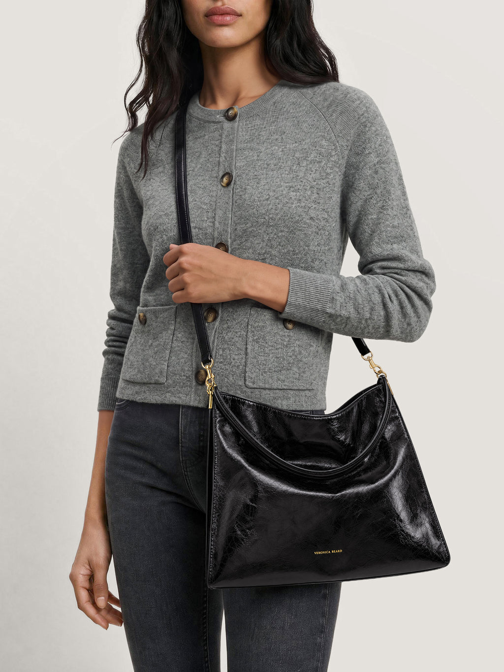 Veronica Beard Black crinkled leather slouchy shoulder bag.