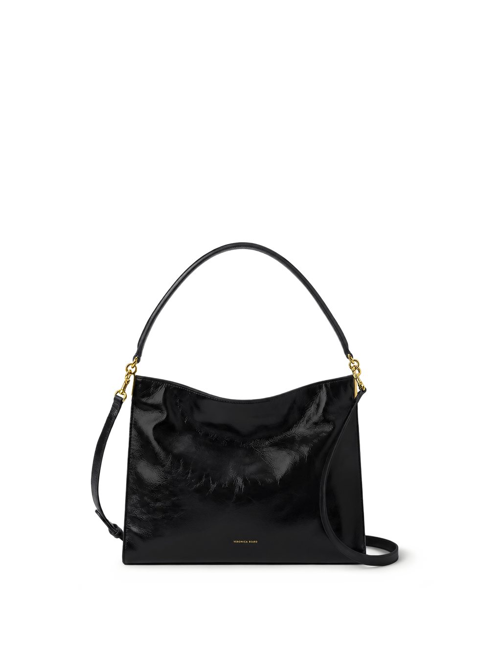 Veronica Beard Black crinkled patent leather shoulder bag with gold hardware.