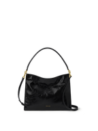 Veronica Beard Black crinkled patent leather shoulder bag with gold hardware.