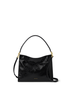 Veronica Beard Black crinkled patent leather shoulder bag with gold hardware.