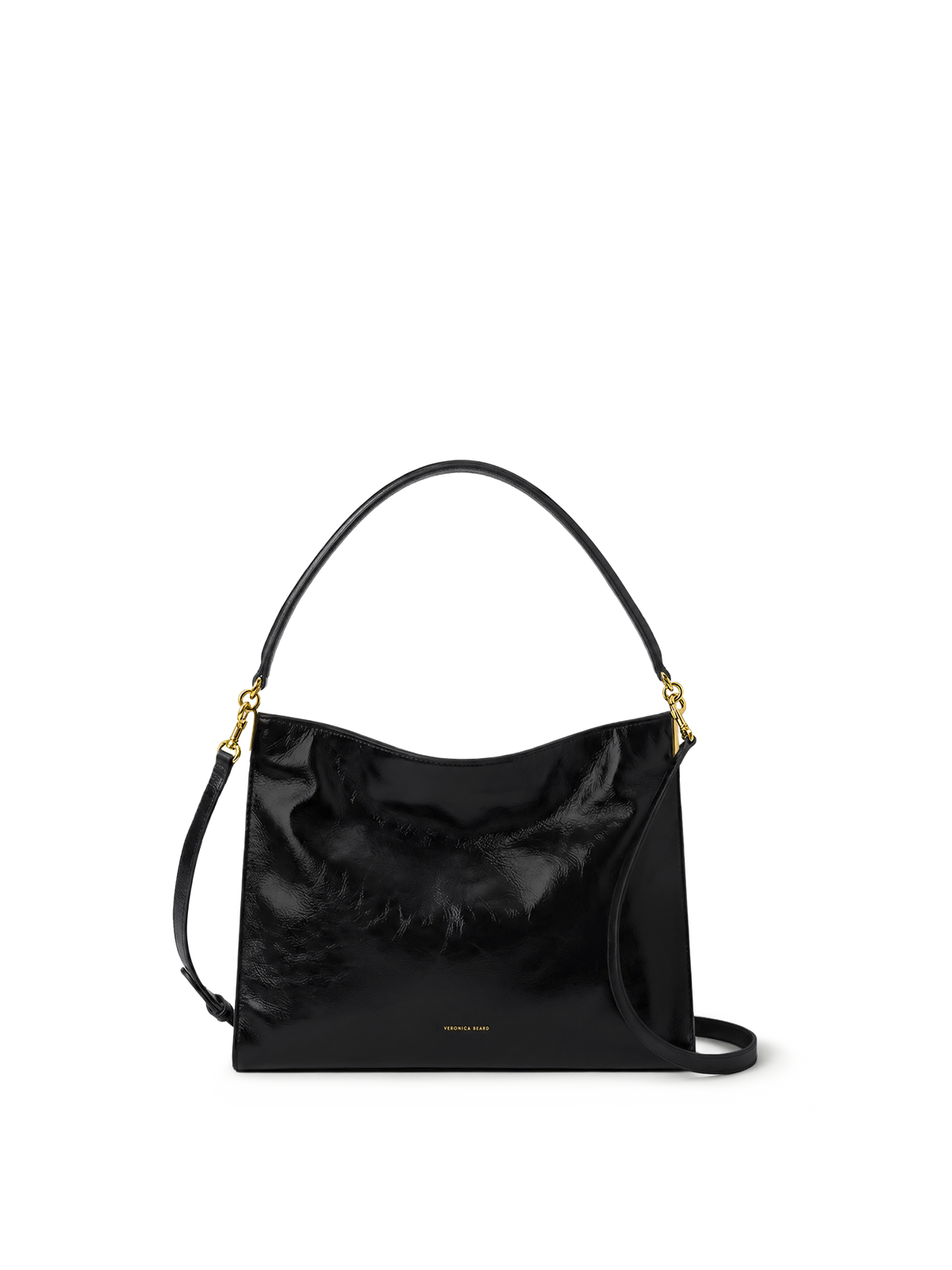 Veronica Beard Black crinkled patent leather shoulder bag with gold hardware.