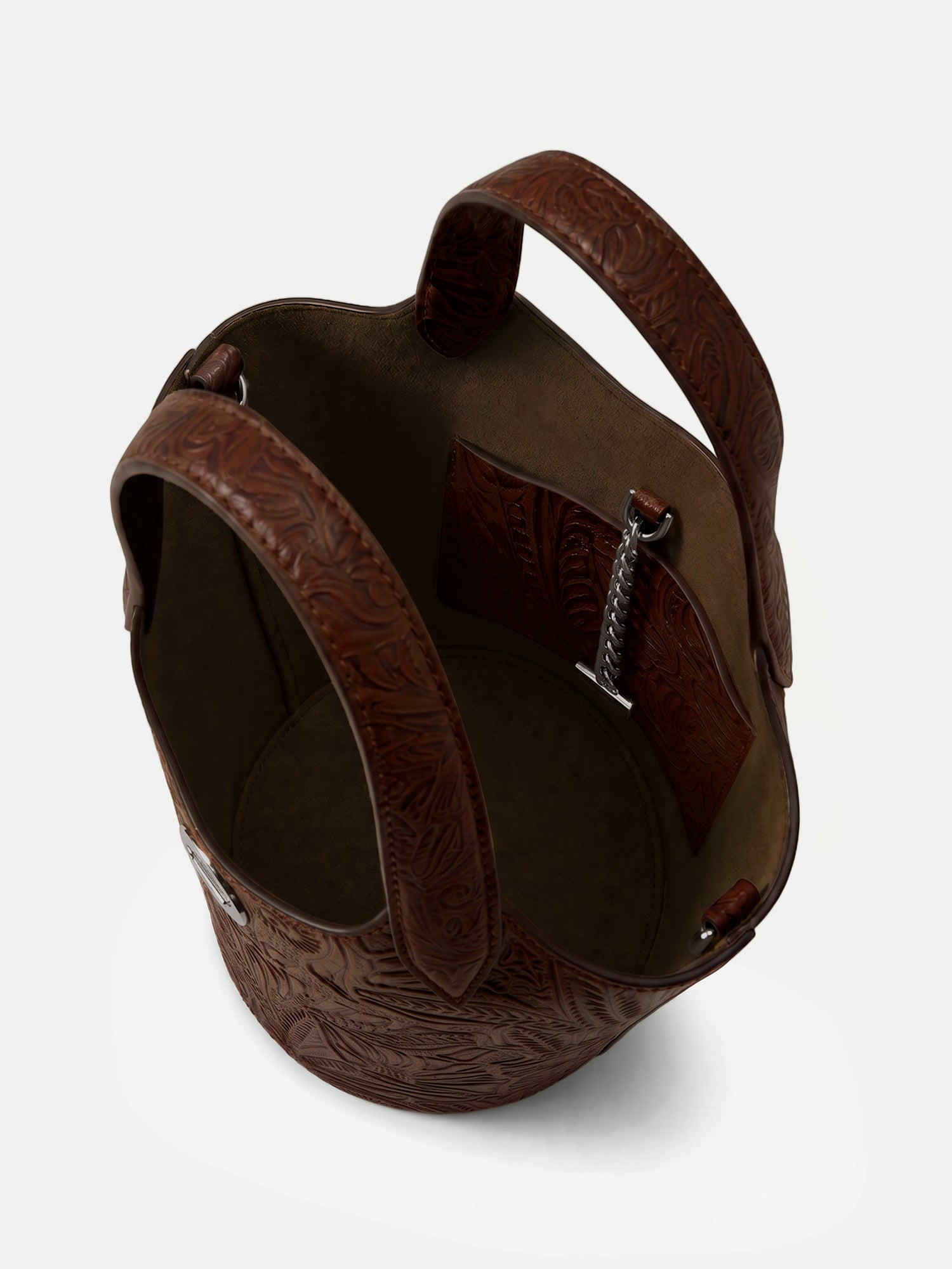 Veronica Beard Brown embossed leather bucket bag with top handles.
