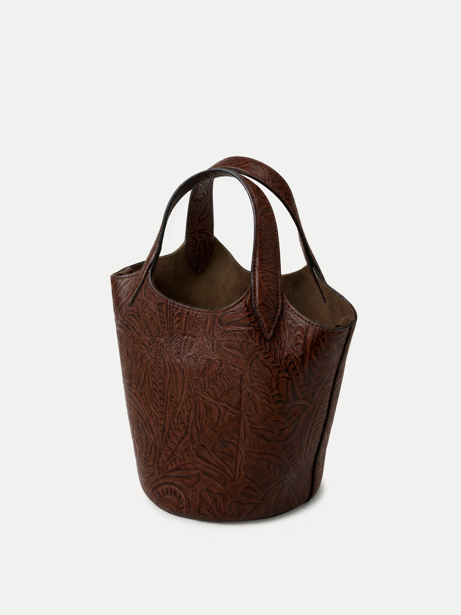 Veronica Beard Brown embossed leather bucket bag with top handles.