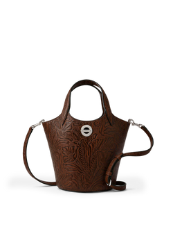 Veronica Beard Brown embossed leather bucket bag with silver hardware.