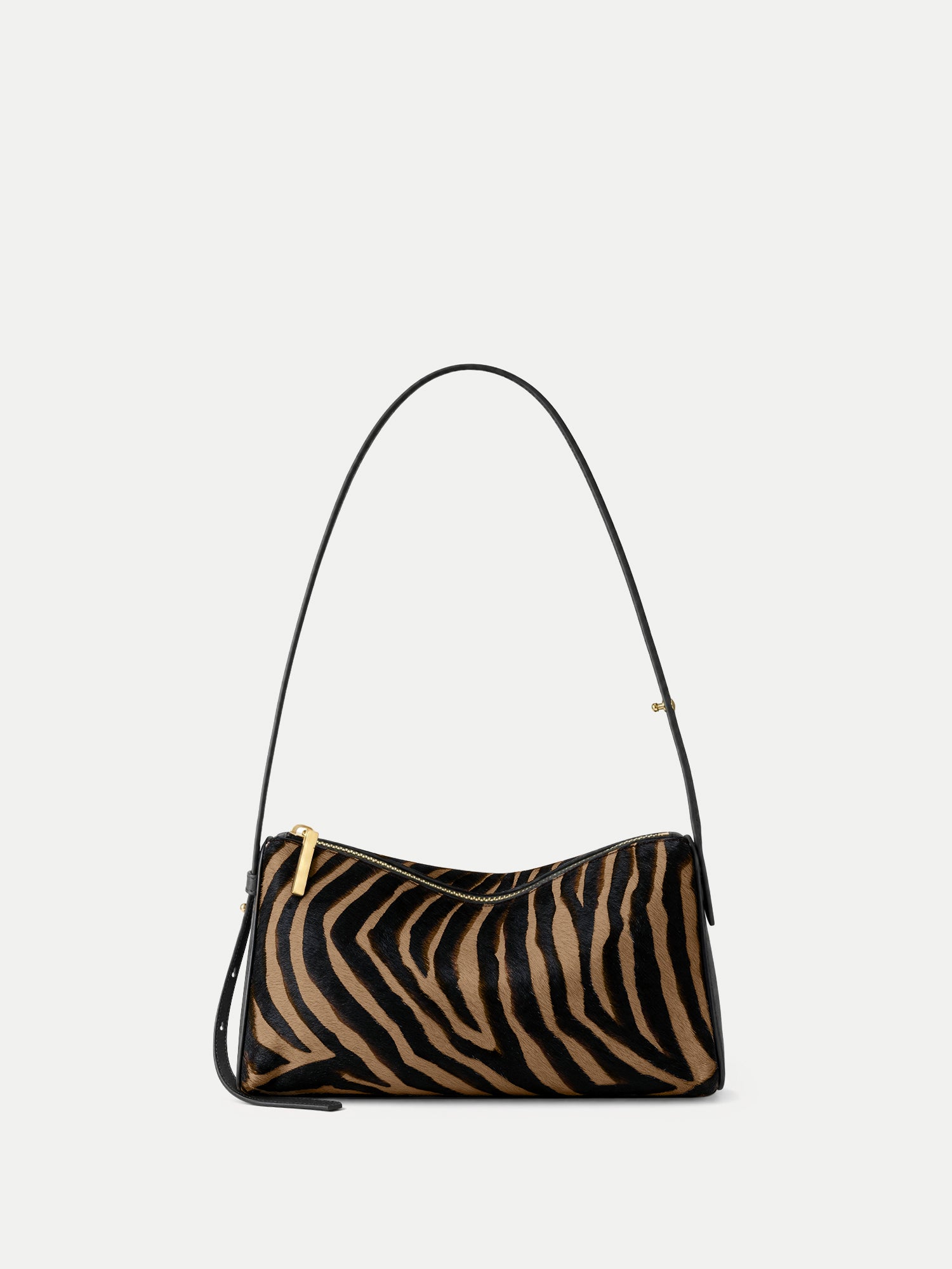 Veronica Beard Zebra print calf hair shoulder bag with gold zipper.