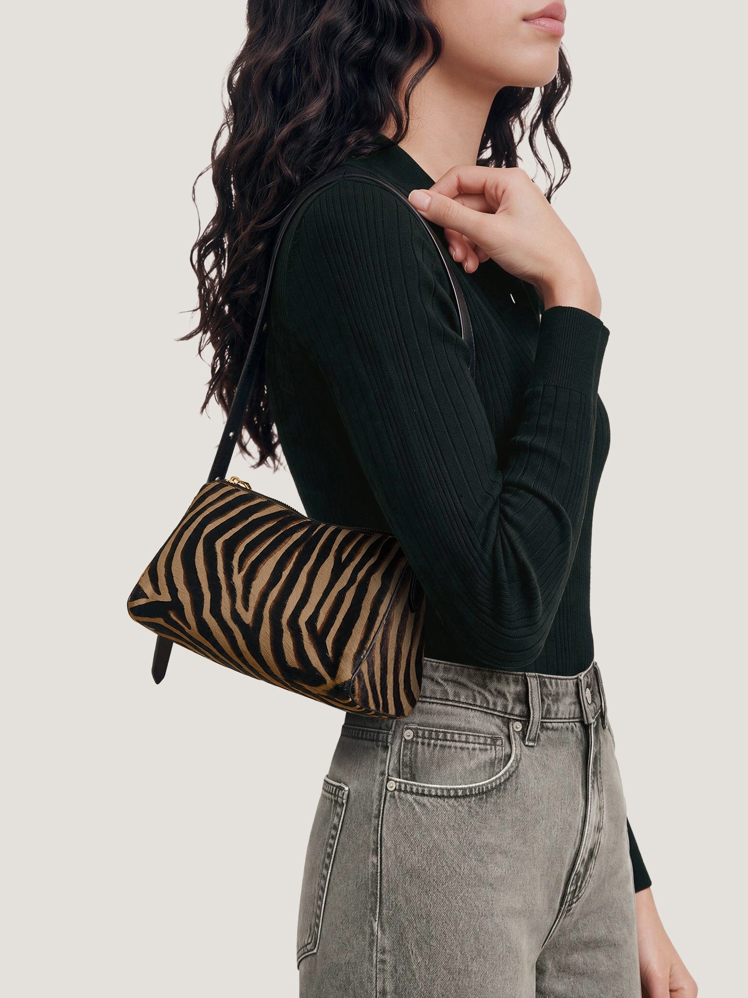 Veronica Beard Zebra print calf hair shoulder bag.
