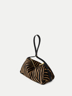 Veronica Beard Zebra print calf hair clutch with black leather handle.