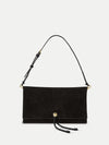 Veronica Beard Black suede crossbody bag with gold hardware.