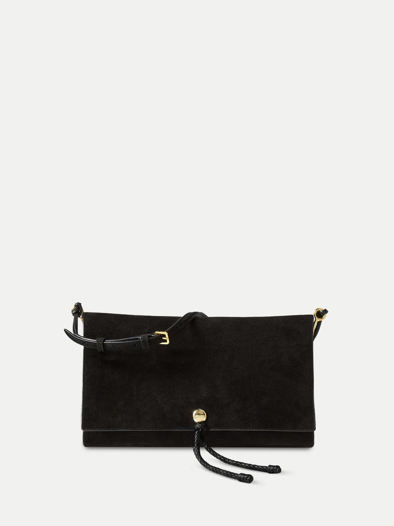 Veronica Beard Black suede crossbody bag with gold hardware.