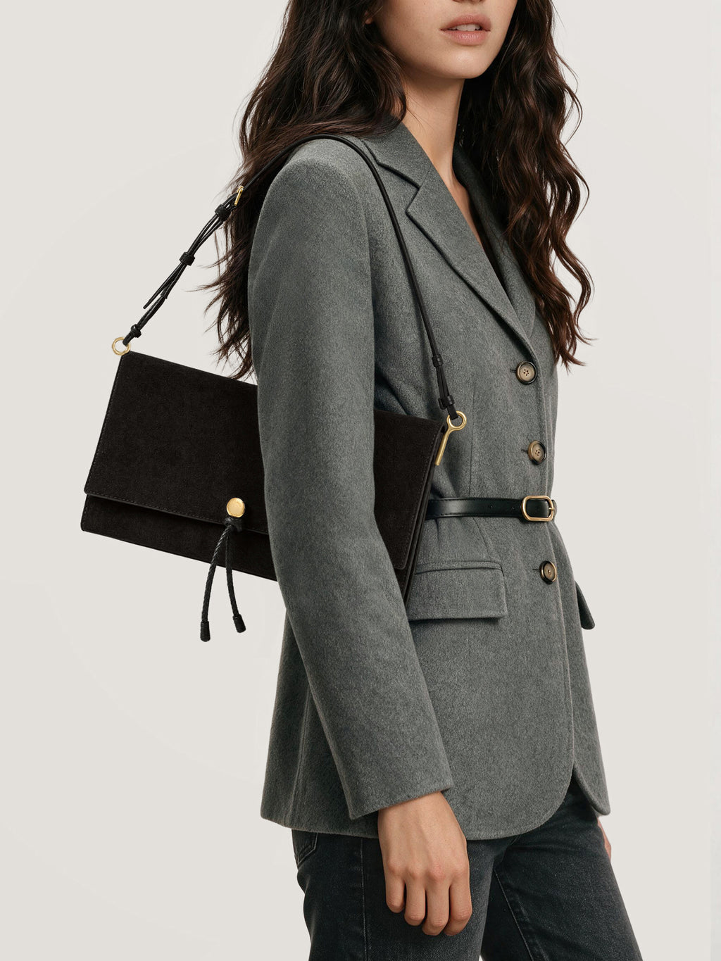 Veronica Beard Grey wool blazer with matching belt.