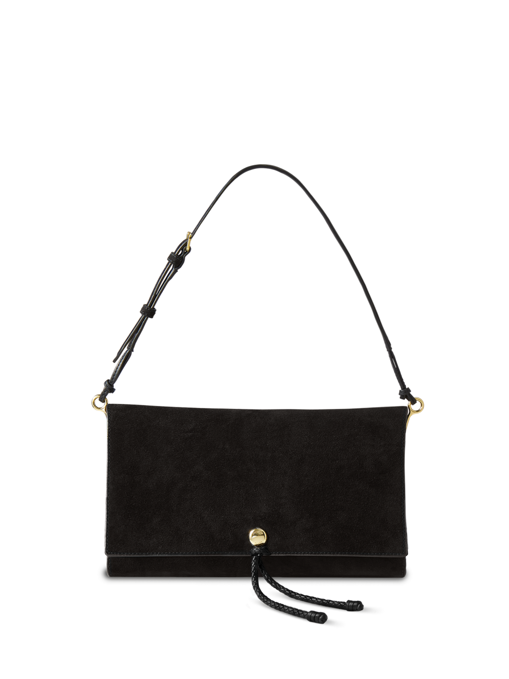 Veronica Beard Black suede shoulder bag with gold hardware.