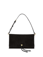 Veronica Beard Black suede shoulder bag with gold hardware.