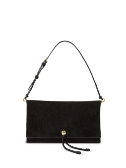 Veronica Beard Black suede shoulder bag with gold hardware.