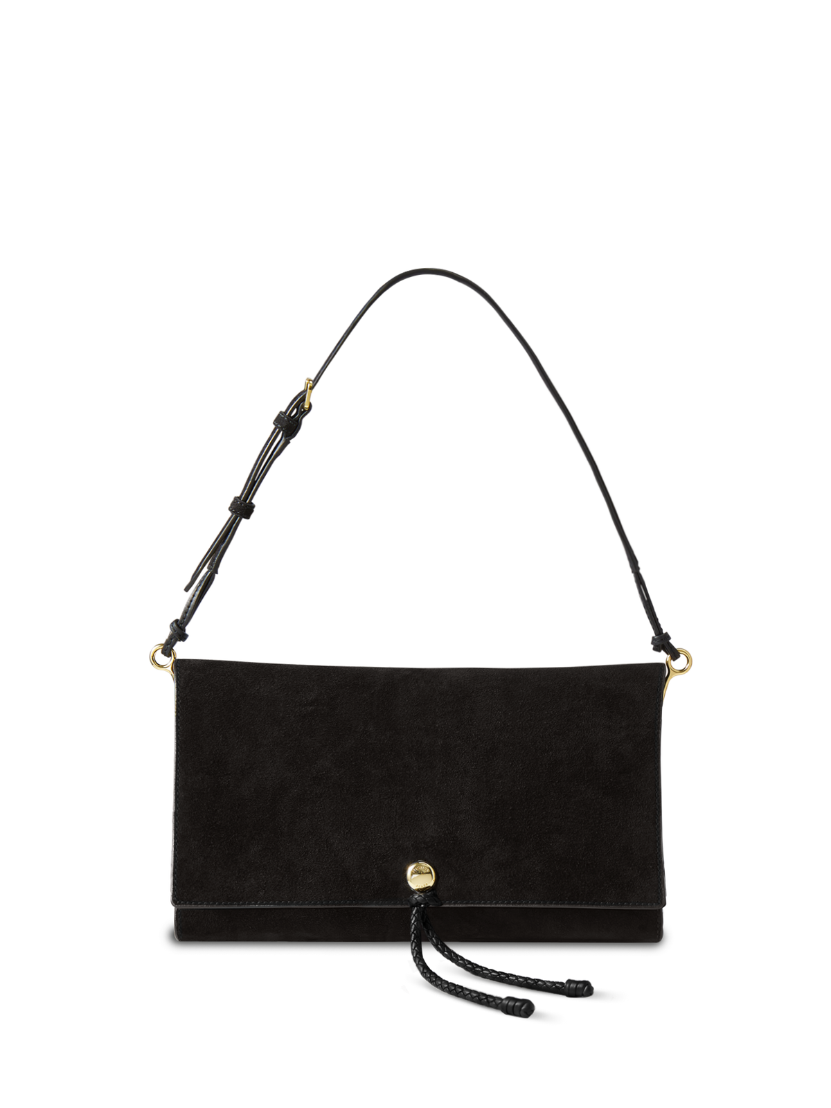 Veronica Beard Black suede shoulder bag with gold hardware.