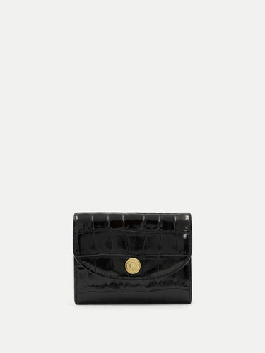 Veronica Beard Black crocodile embossed leather wallet with gold snap closure.