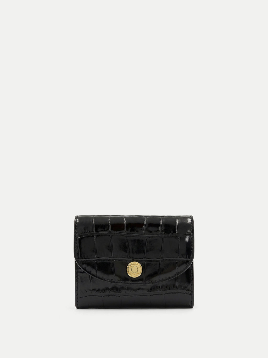 Veronica Beard Black crocodile embossed leather wallet with gold snap closure.