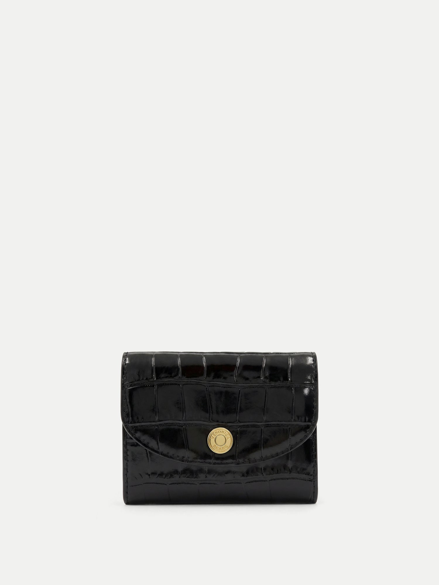 Veronica Beard Black crocodile embossed leather wallet with gold snap closure.